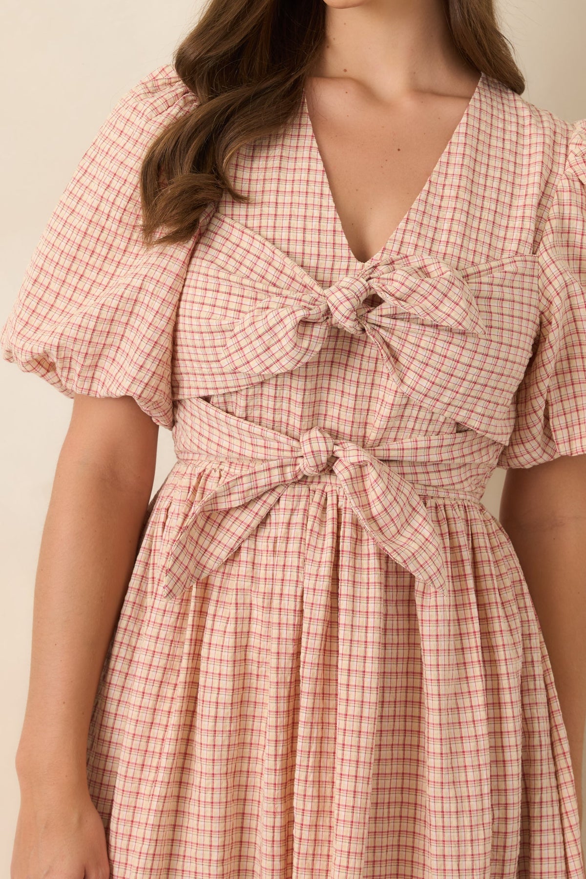 A Little Smitten Red & Beige Plaid Cotton Blend Midi Dress
