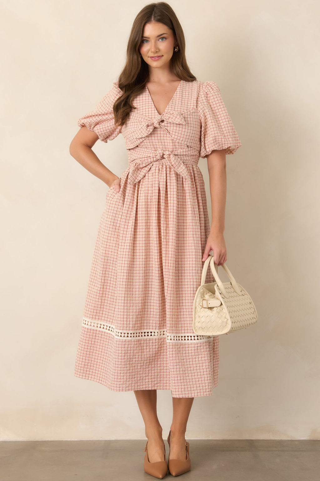 A Little Smitten Red & Beige Plaid Cotton Blend Midi Dress