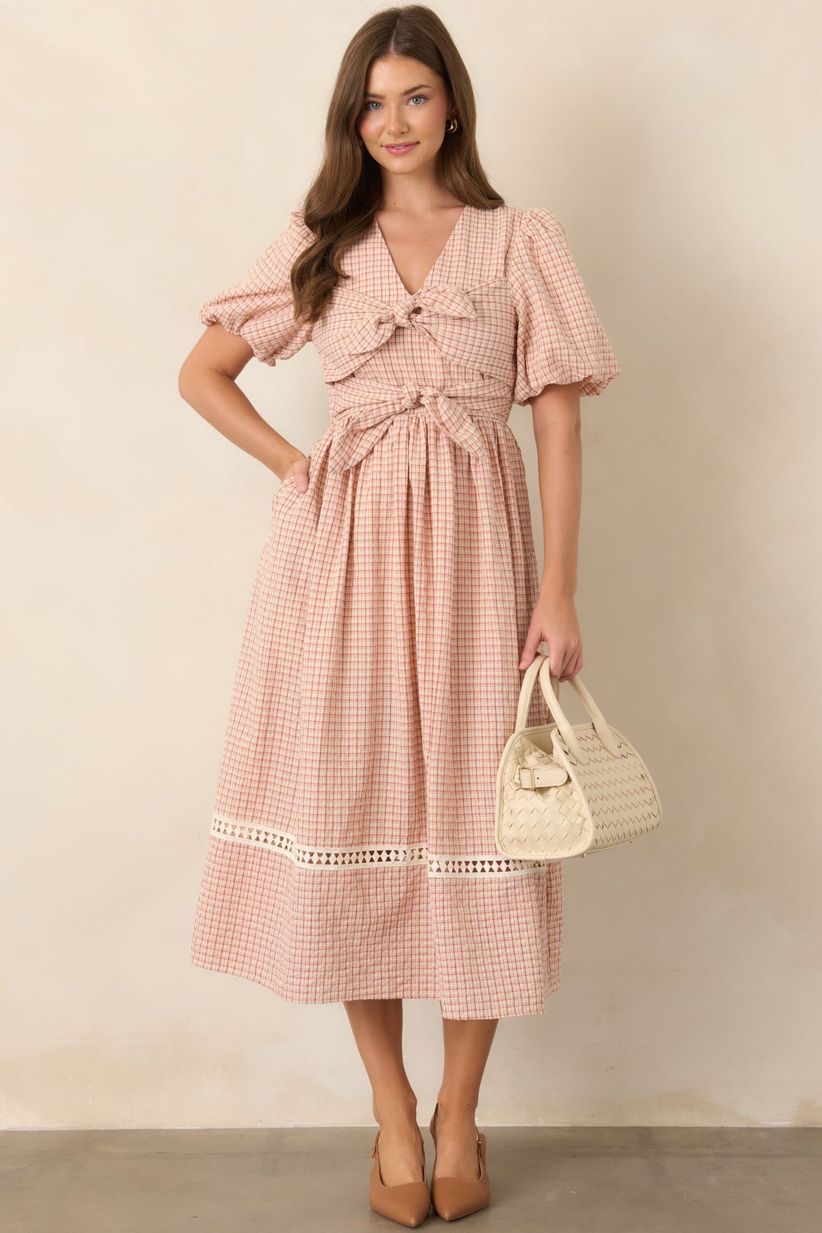 A Little Smitten Red & Beige Plaid Cotton Blend Midi Dress