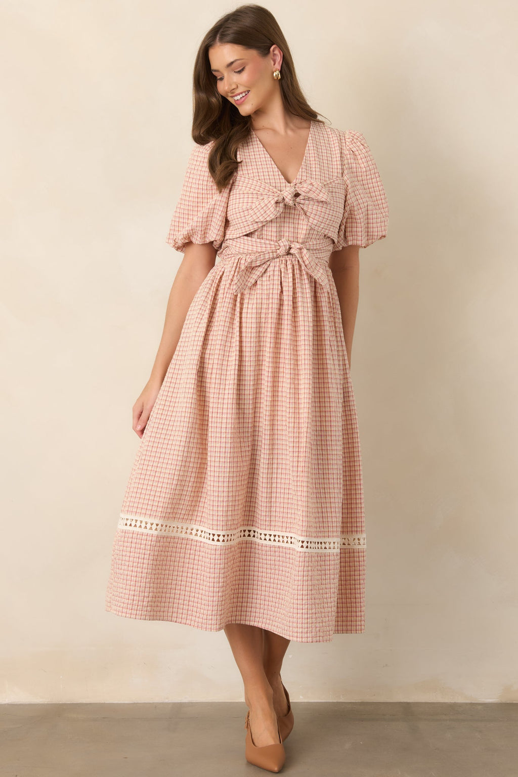 A Little Smitten Red & Beige Plaid Cotton Blend Midi Dress