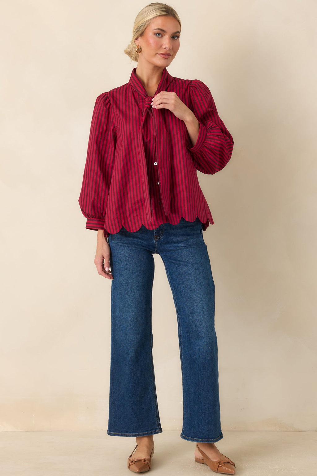 Read Between the Lines Red & Brown Stripe Tie Neck Blouse