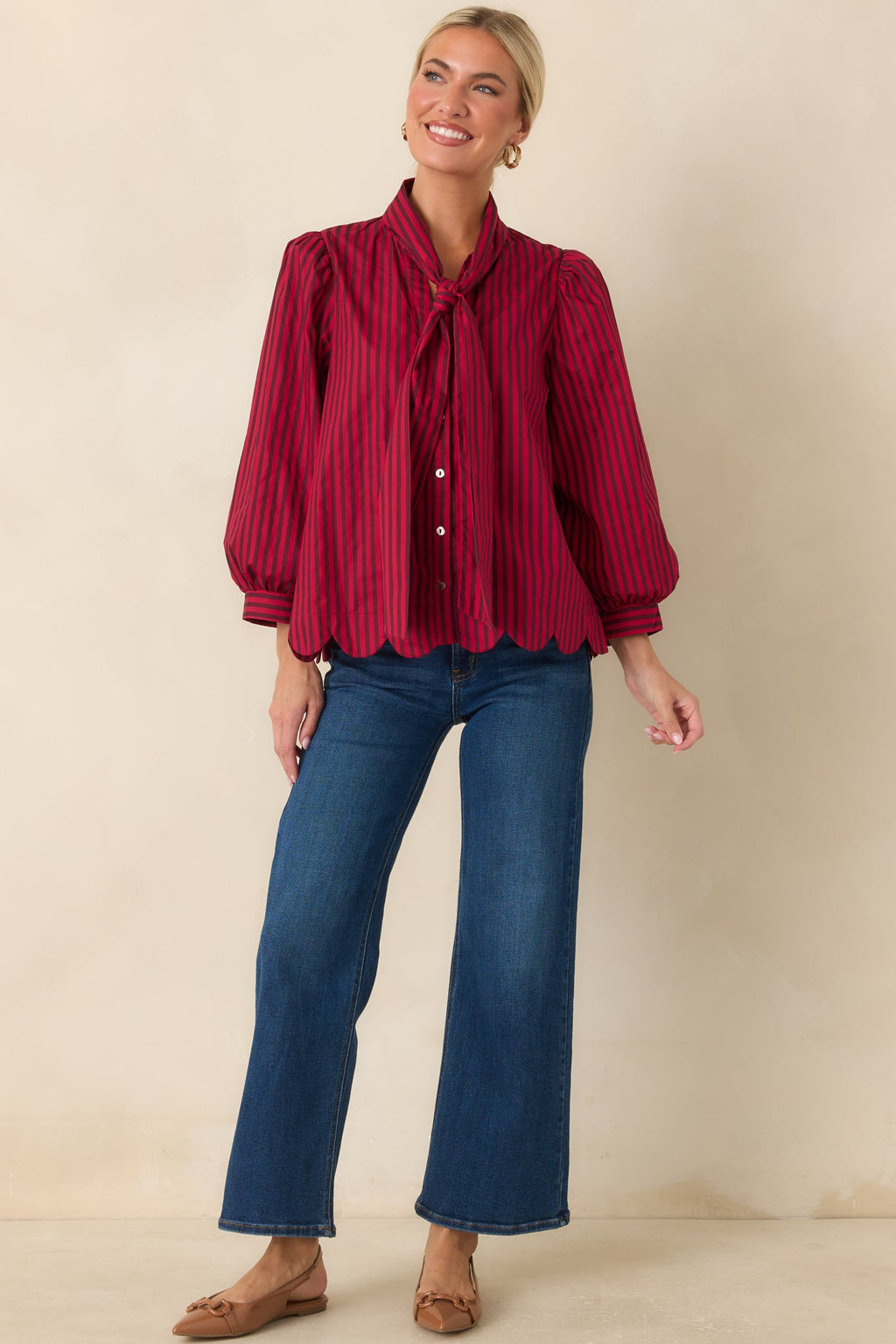 Read Between the Lines Red & Brown Stripe Tie Neck Blouse