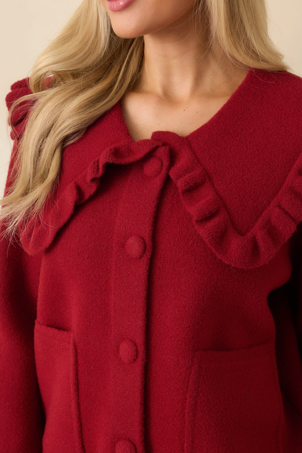 Frilled To Announce Cranberry Red Oversize Ruffle Collar Cardigan Sweater