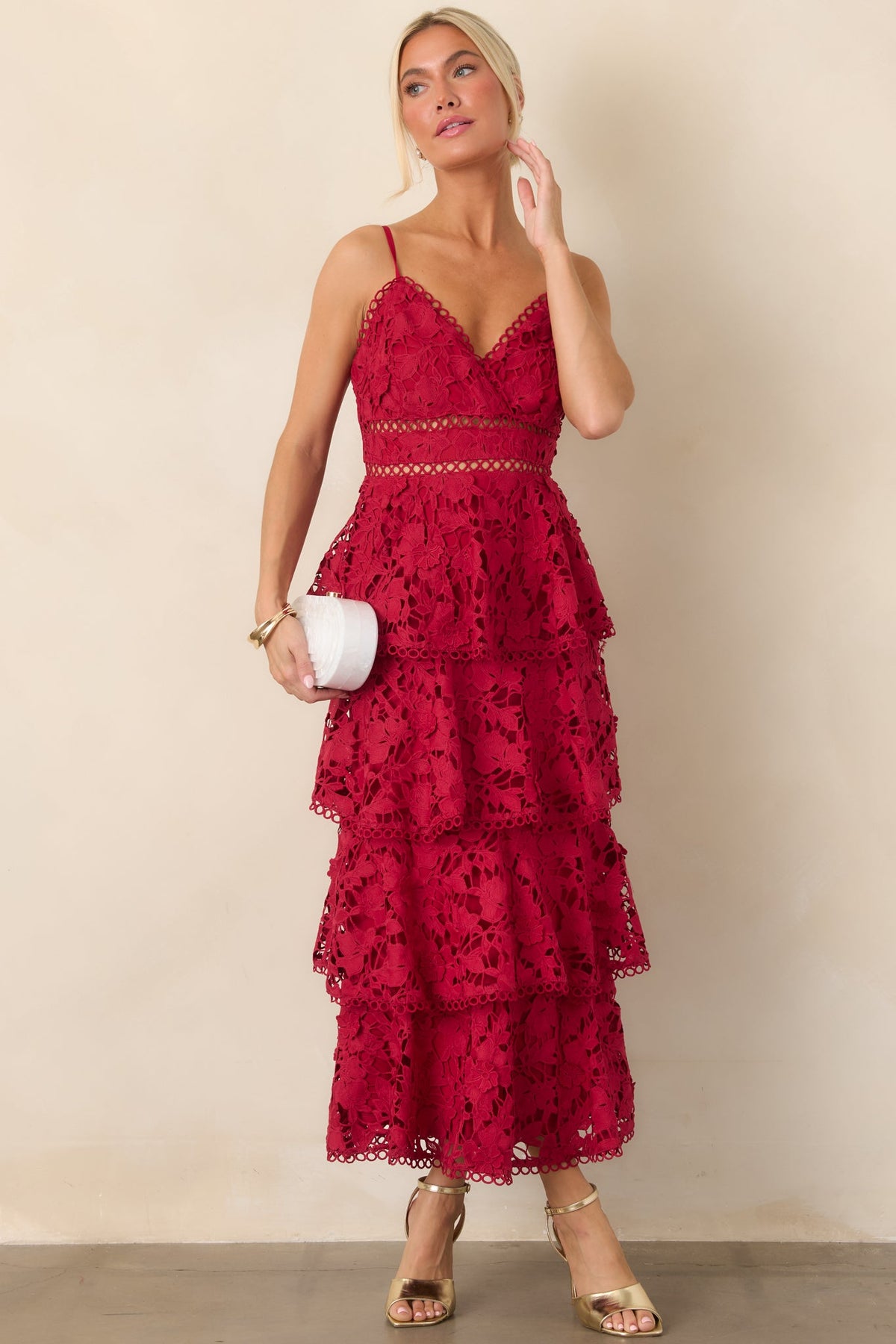 Got My Attention Red Floral Guipure Lace Tiered Maxi Dress