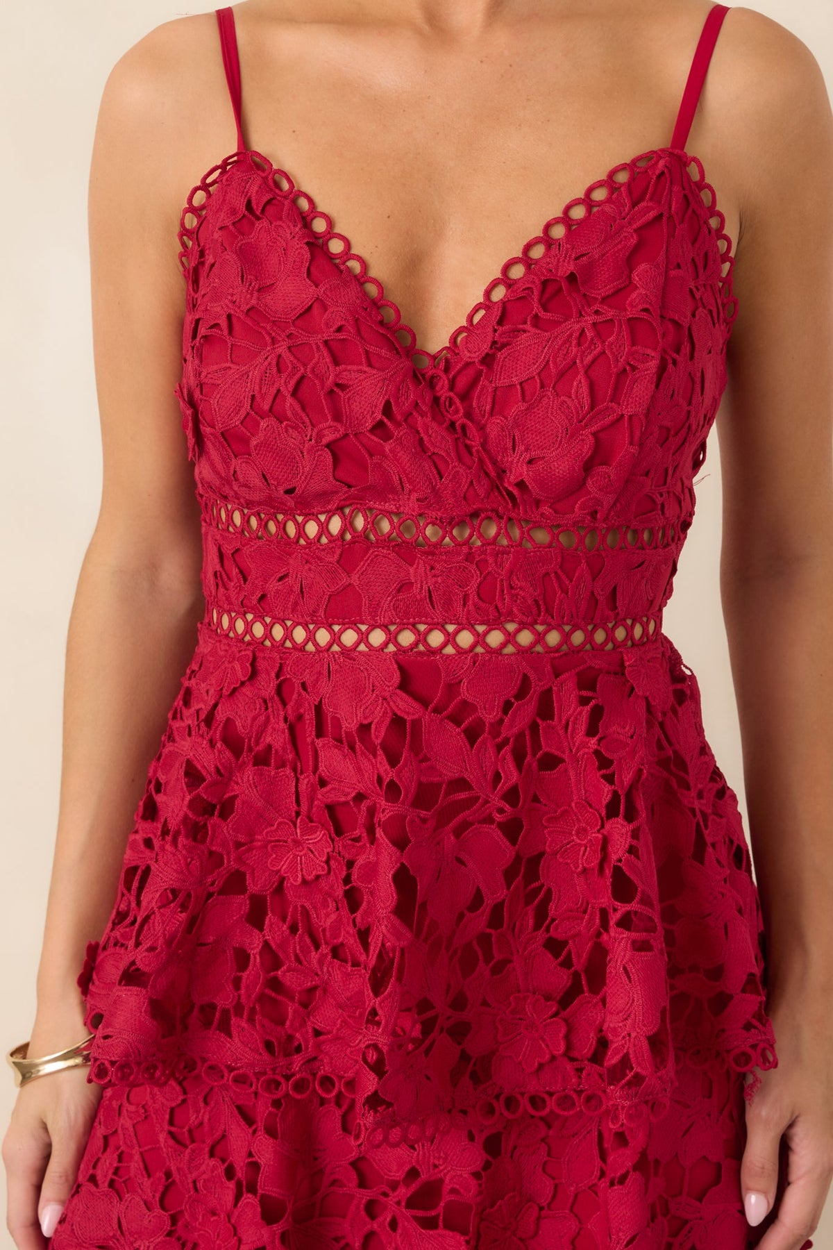 Got My Attention Red Floral Guipure Lace Tiered Maxi Dress