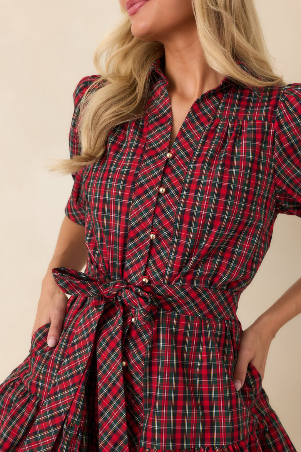 Glad We Made Plans Red & Green Plaid Cotton Mini Dress