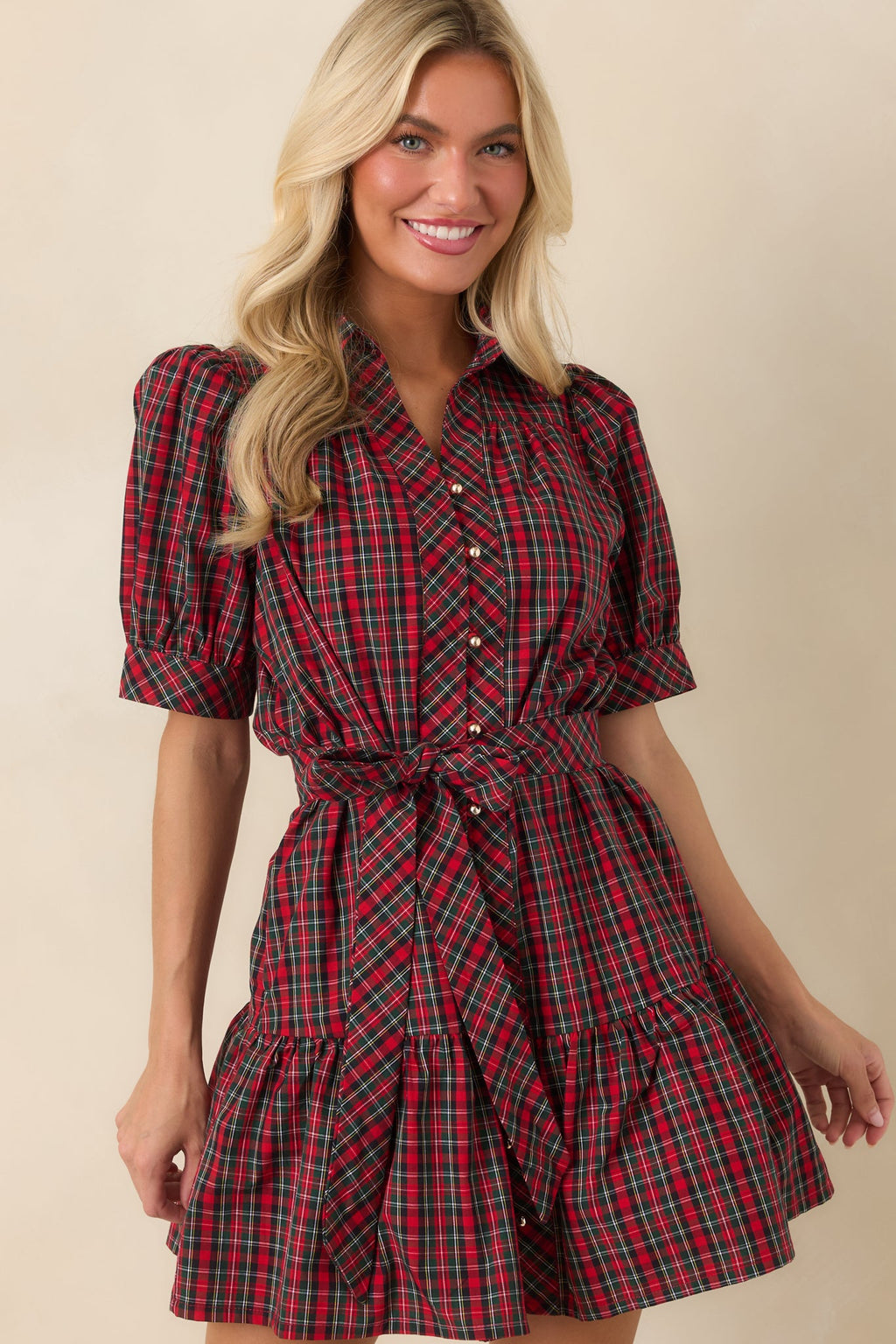 Glad We Made Plans Red & Green Plaid Cotton Mini Dress
