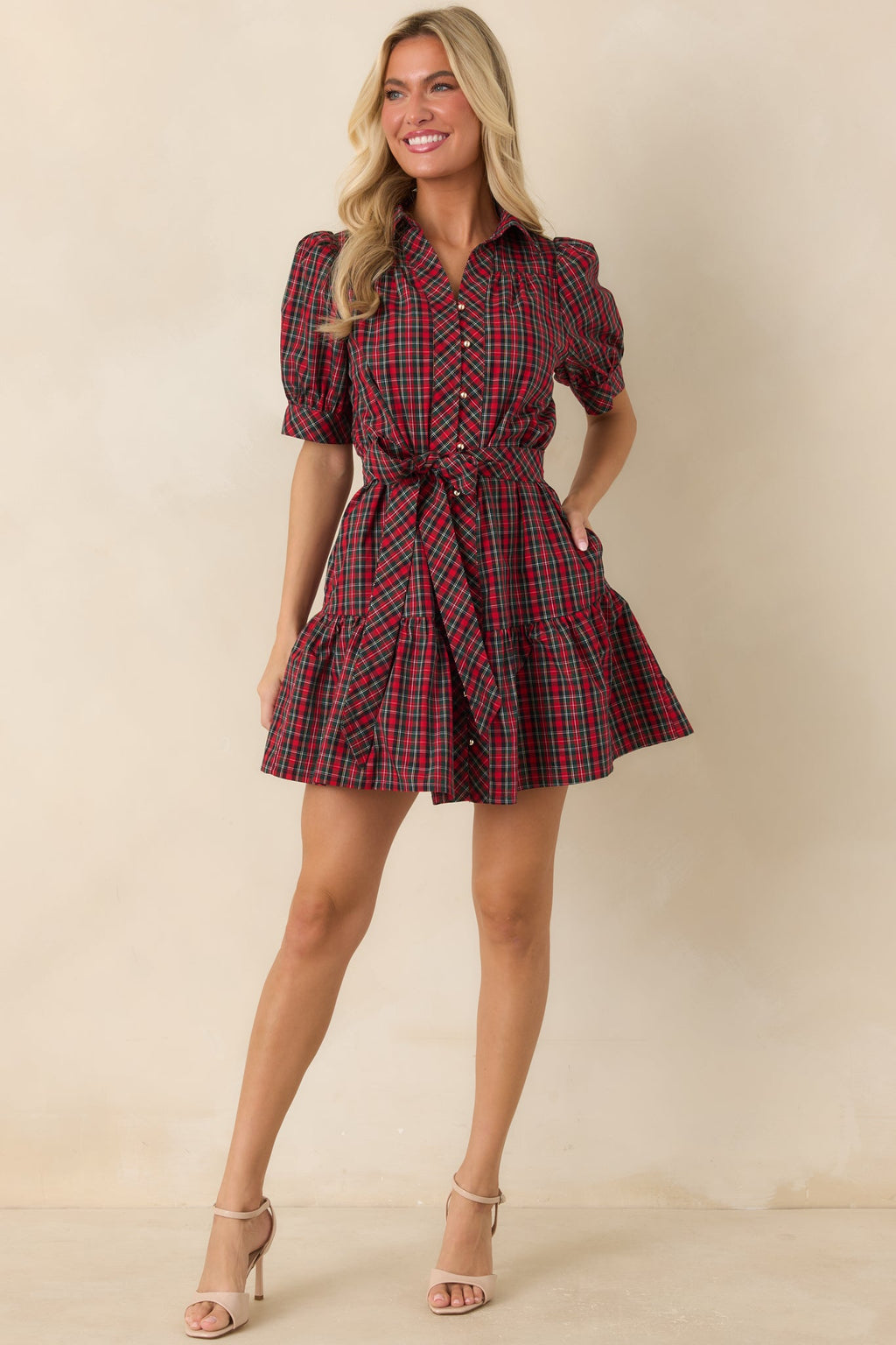 Glad We Made Plans Red & Green Plaid Cotton Mini Dress