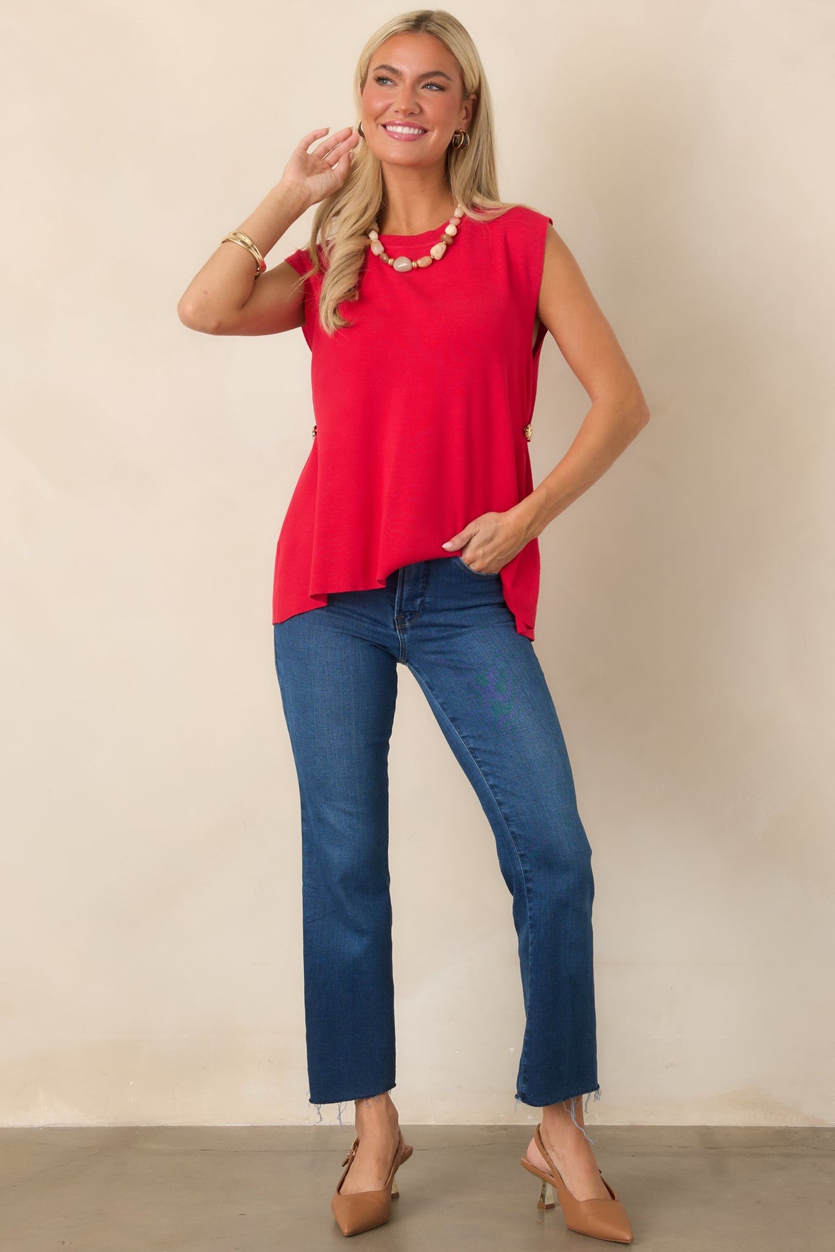 Living for the Flair Red Knit Gold Detail Draped Sleeveless Top