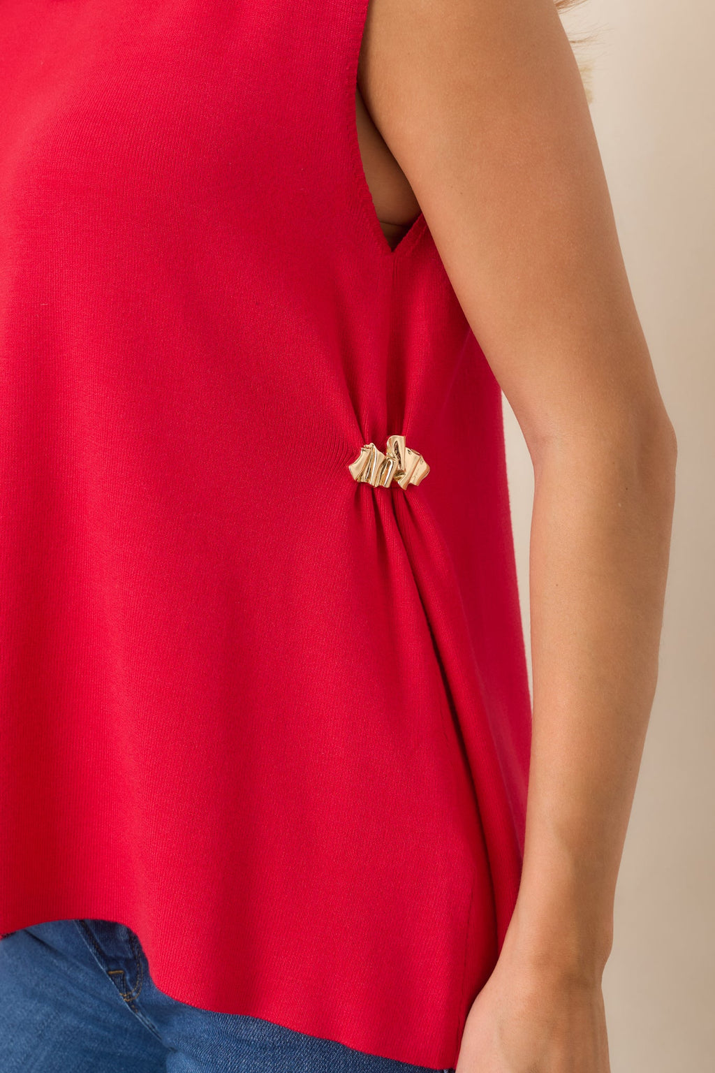 Living for the Flair Red Knit Gold Detail Draped Sleeveless Top