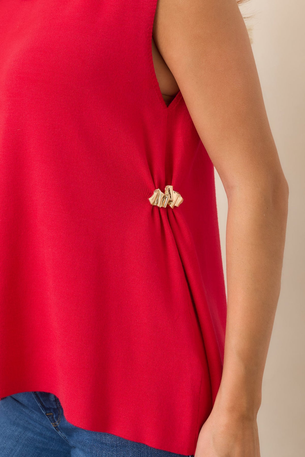 Living for the Flair Red Knit Gold Detail Draped Sleeveless Top