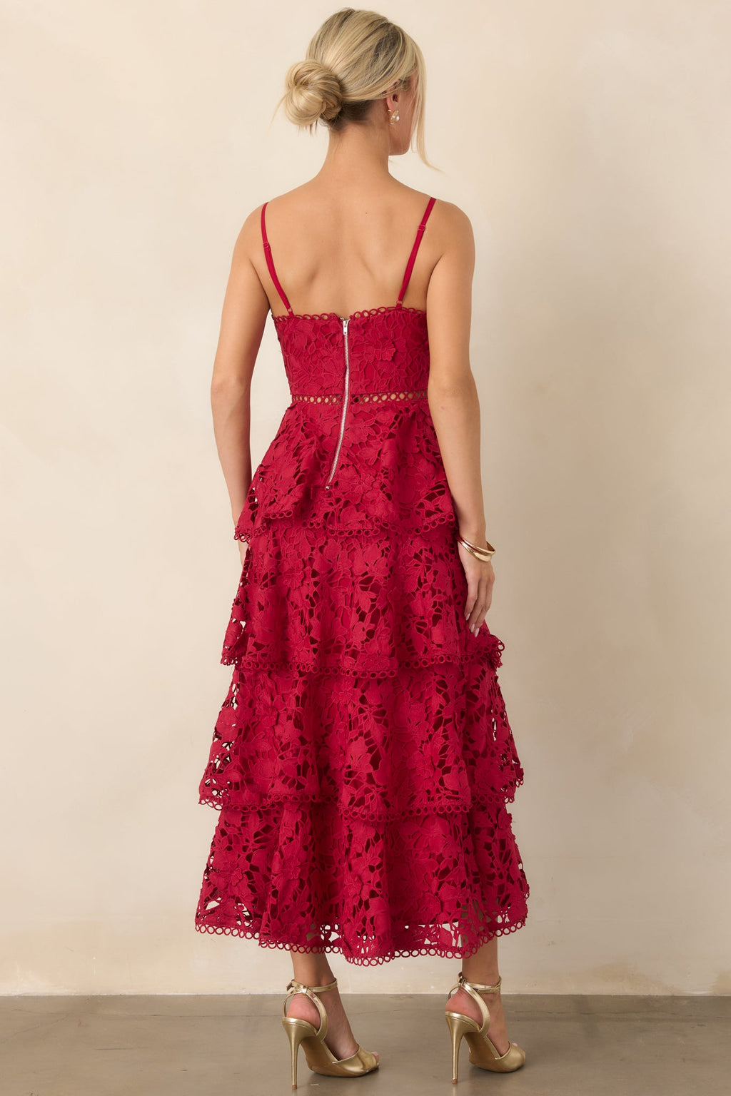 Got My Attention Red Floral Guipure Lace Tiered Maxi Dress