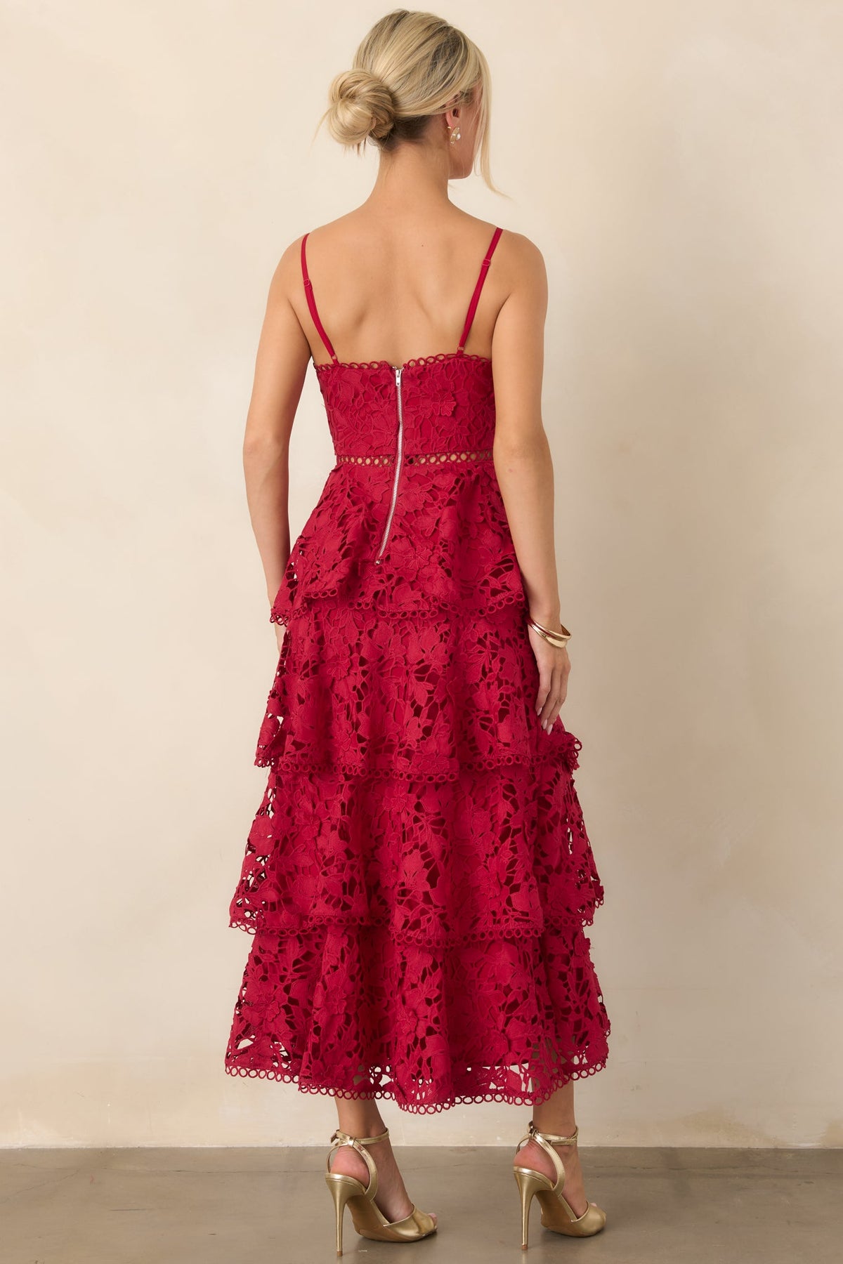 Got My Attention Red Floral Guipure Lace Tiered Maxi Dress