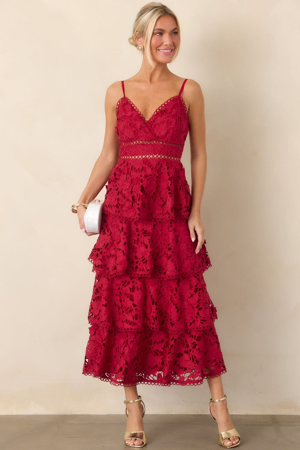 Got My Attention Red Floral Guipure Lace Tiered Maxi Dress