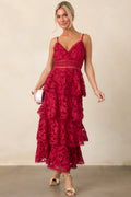 Got My Attention Red Floral Guipure Lace Tiered Maxi Dress