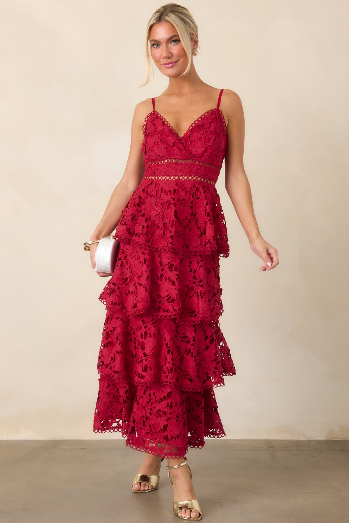 Got My Attention Red Floral Guipure Lace Tiered Maxi Dress