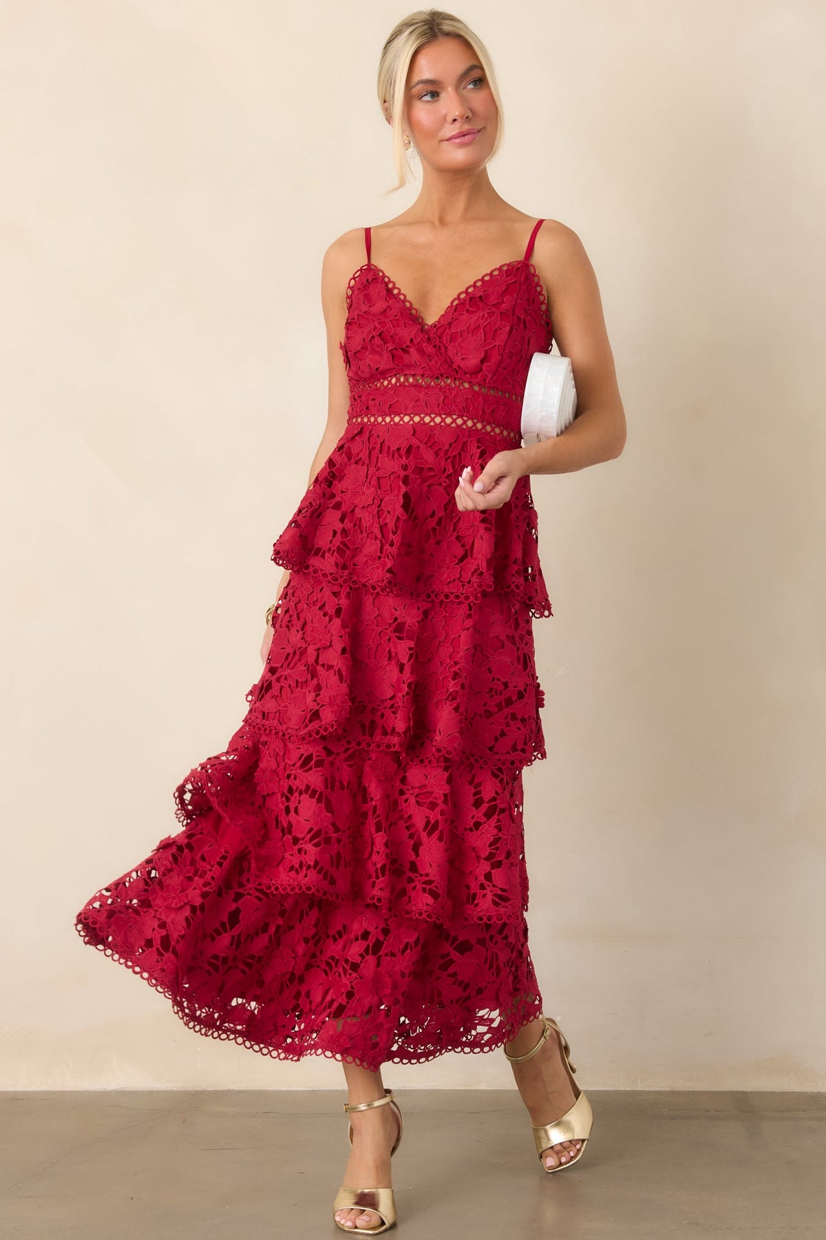Got My Attention Red Floral Guipure Lace Tiered Maxi Dress