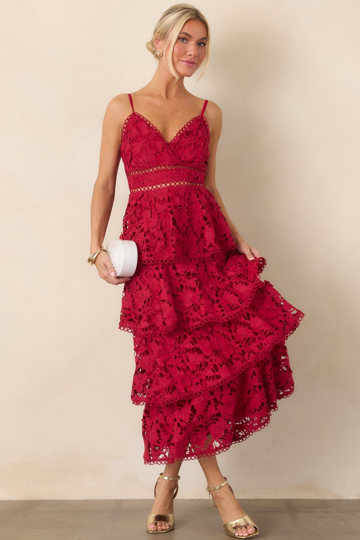 Got My Attention Red Floral Guipure Lace Tiered Maxi Dress
