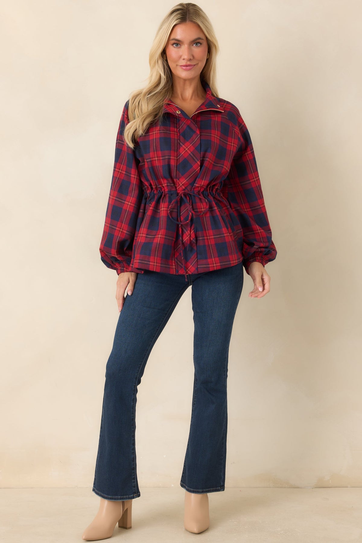 Season in Session Red & Navy Plaid Cinch Waist Jacket
