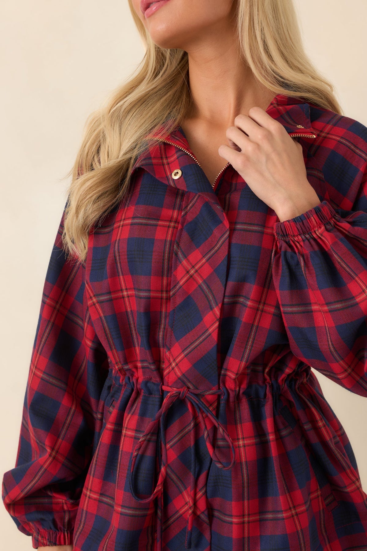 Season in Session Red & Navy Plaid Cinch Waist Jacket