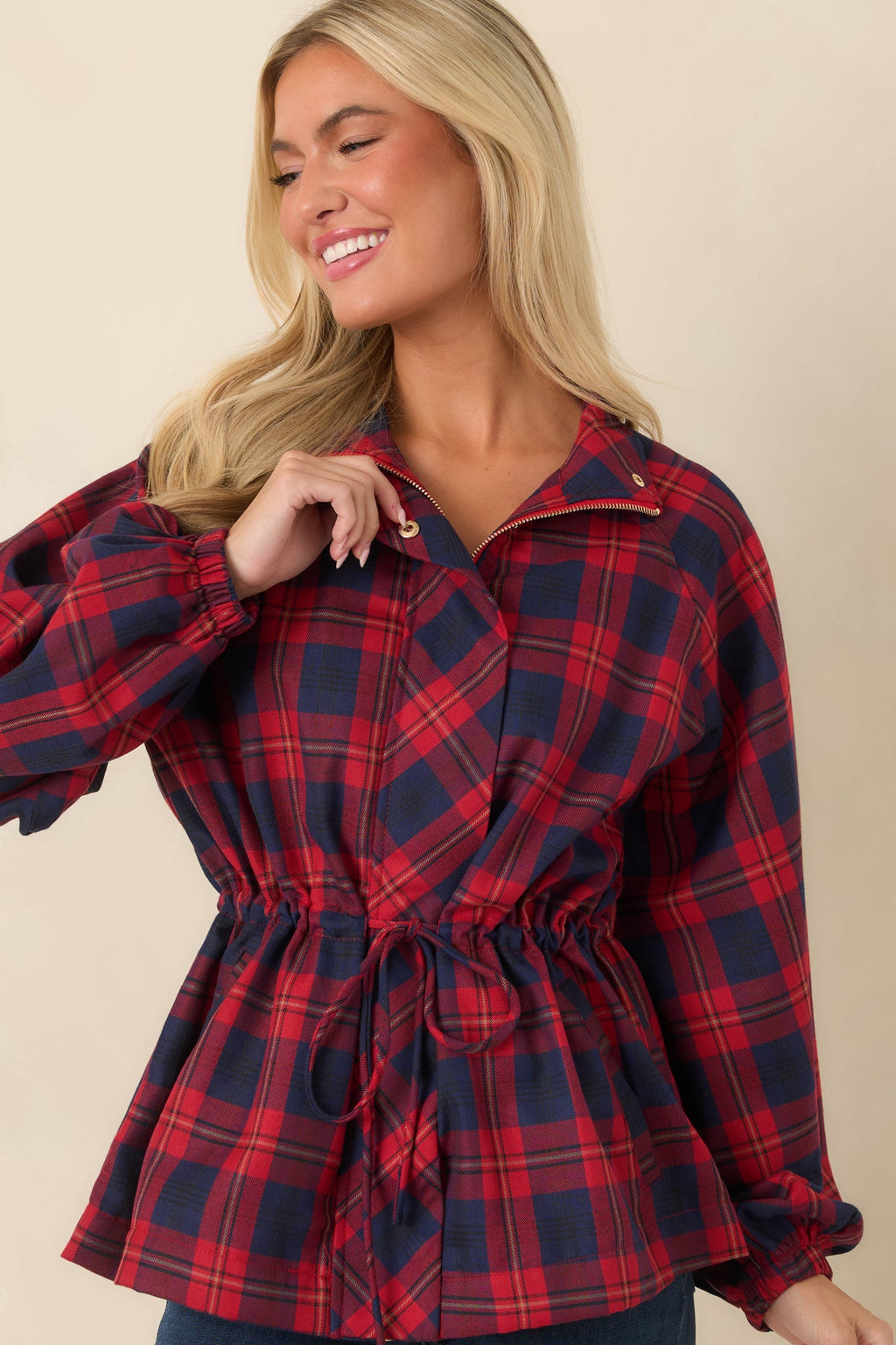 Season in Session Red & Navy Plaid Cinch Waist Jacket