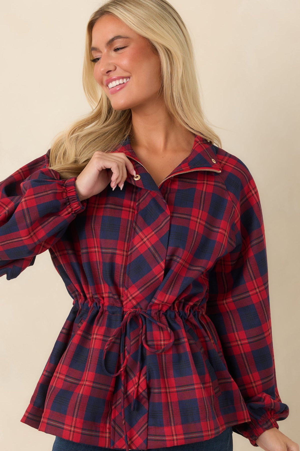 Season in Session Red & Navy Plaid Cinch Waist Jacket