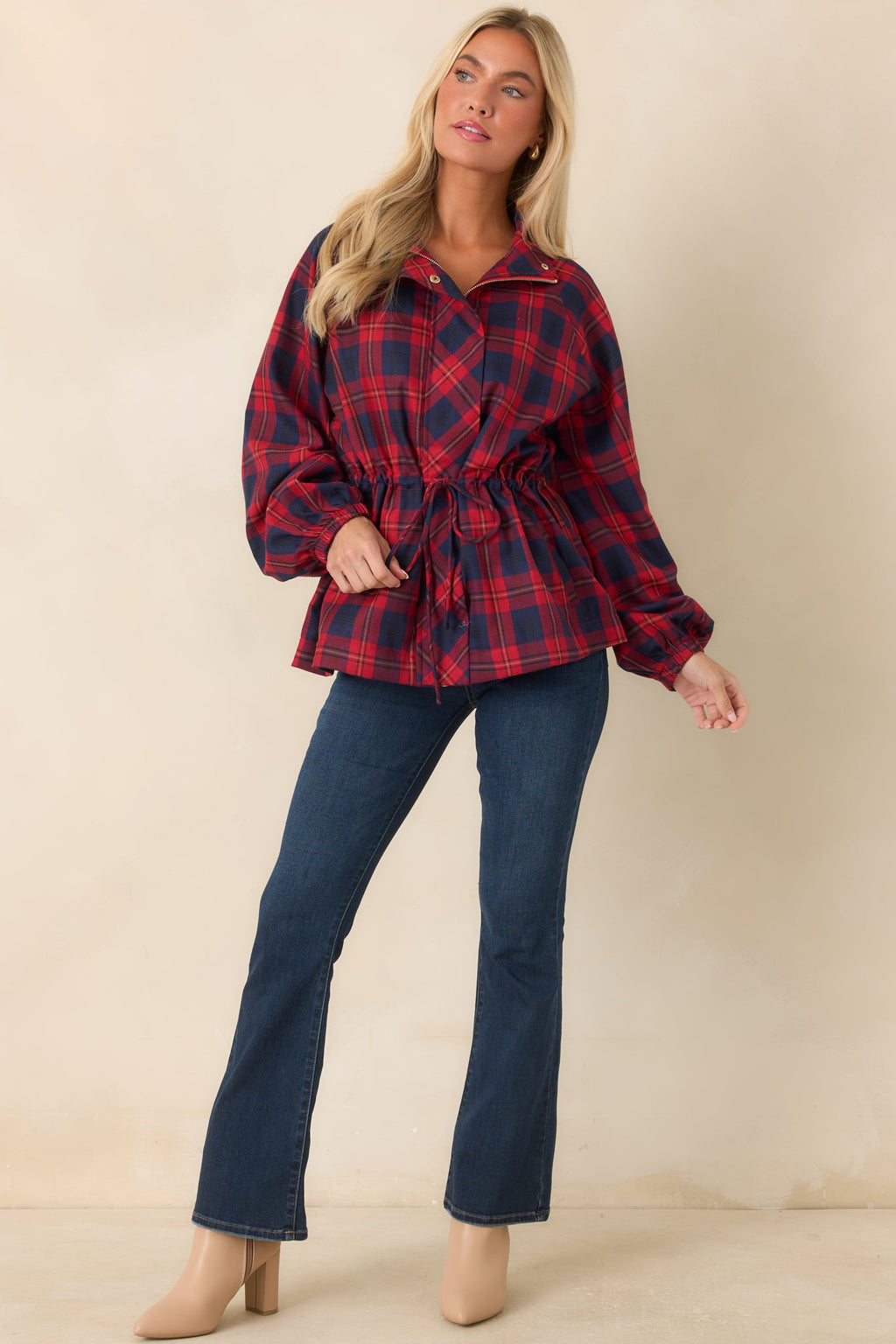 Season in Session Red & Navy Plaid Cinch Waist Jacket