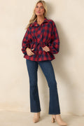 Season in Session Red & Navy Plaid Cinch Waist Jacket