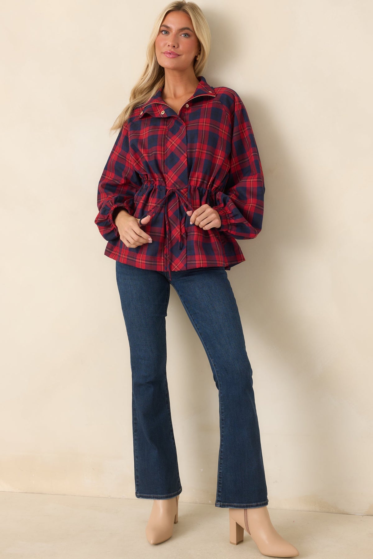 Season in Session Red & Navy Plaid Cinch Waist Jacket
