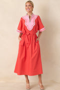 Living Out Loud Poppy Red & Pink Cotton V-Neck Midi Dress