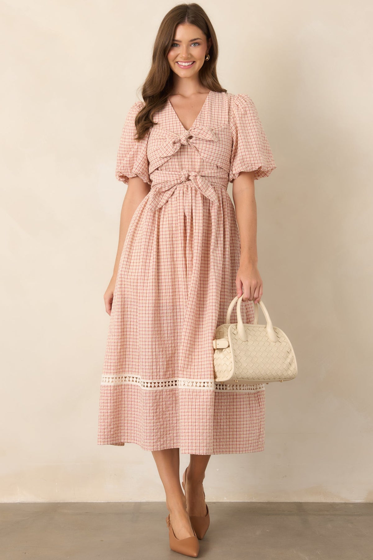 A Little Smitten Red & Beige Plaid Cotton Blend Midi Dress