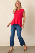 Living for the Flair Red Knit Gold Detail Draped Sleeveless Top