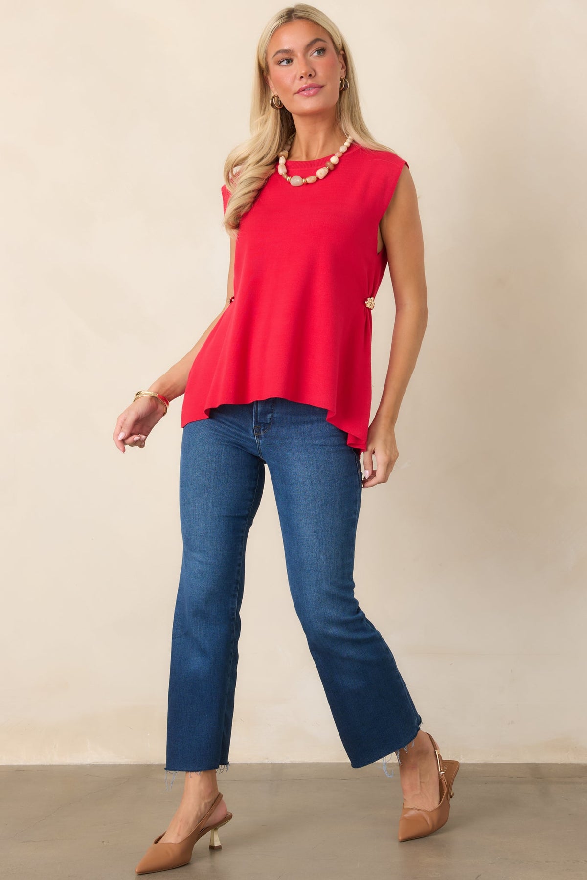 Living for the Flair Red Knit Gold Detail Draped Sleeveless Top