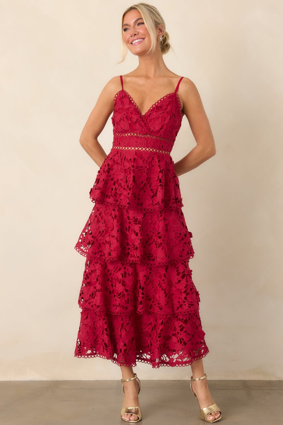 Got My Attention Red Floral Guipure Lace Tiered Maxi Dress
