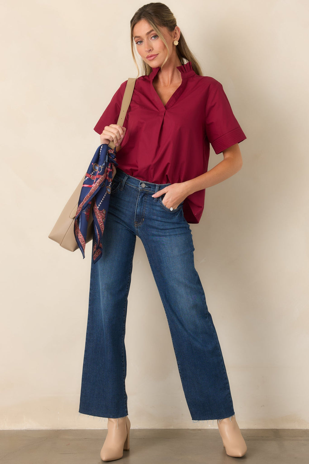Nicely Done Burgundy Cotton Ruffle Collar Blouse