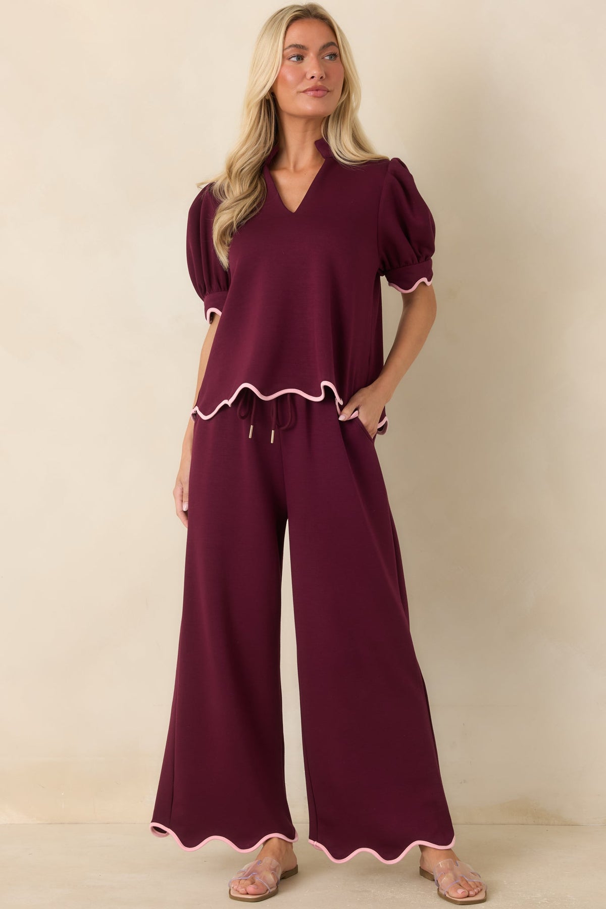 On My Time Burgundy Scalloped Trim Wide Leg Pants