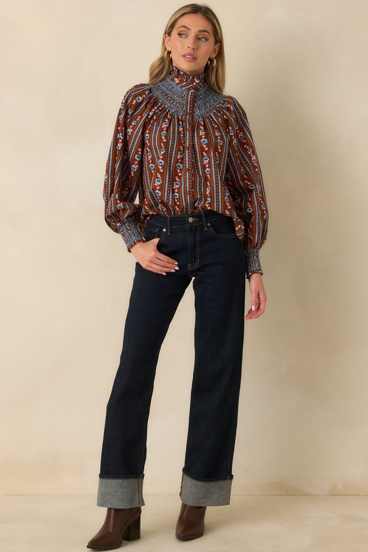 Prosperina Bedford Brown Multi Floral Stripe Cotton Smocked Blouse