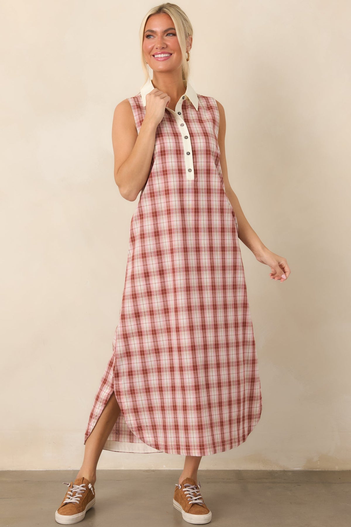 Small Town Story Pink Plaid Cotton Midi Dress