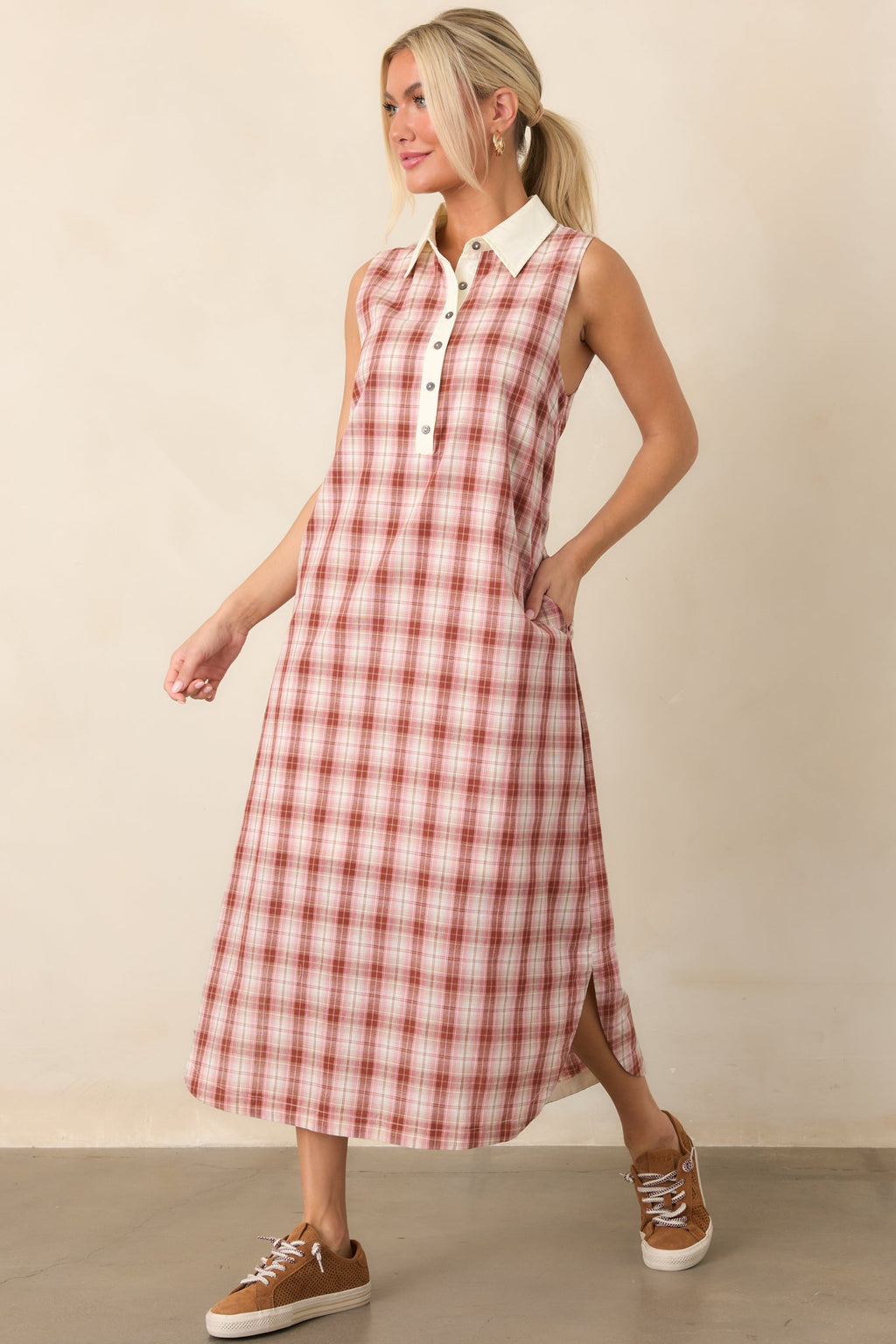 Small Town Story Pink Plaid Cotton Midi Dress