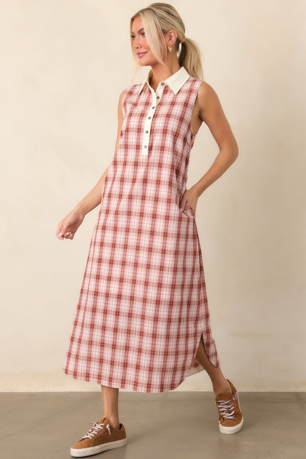 Small Town Story Pink Plaid Cotton Midi Dress