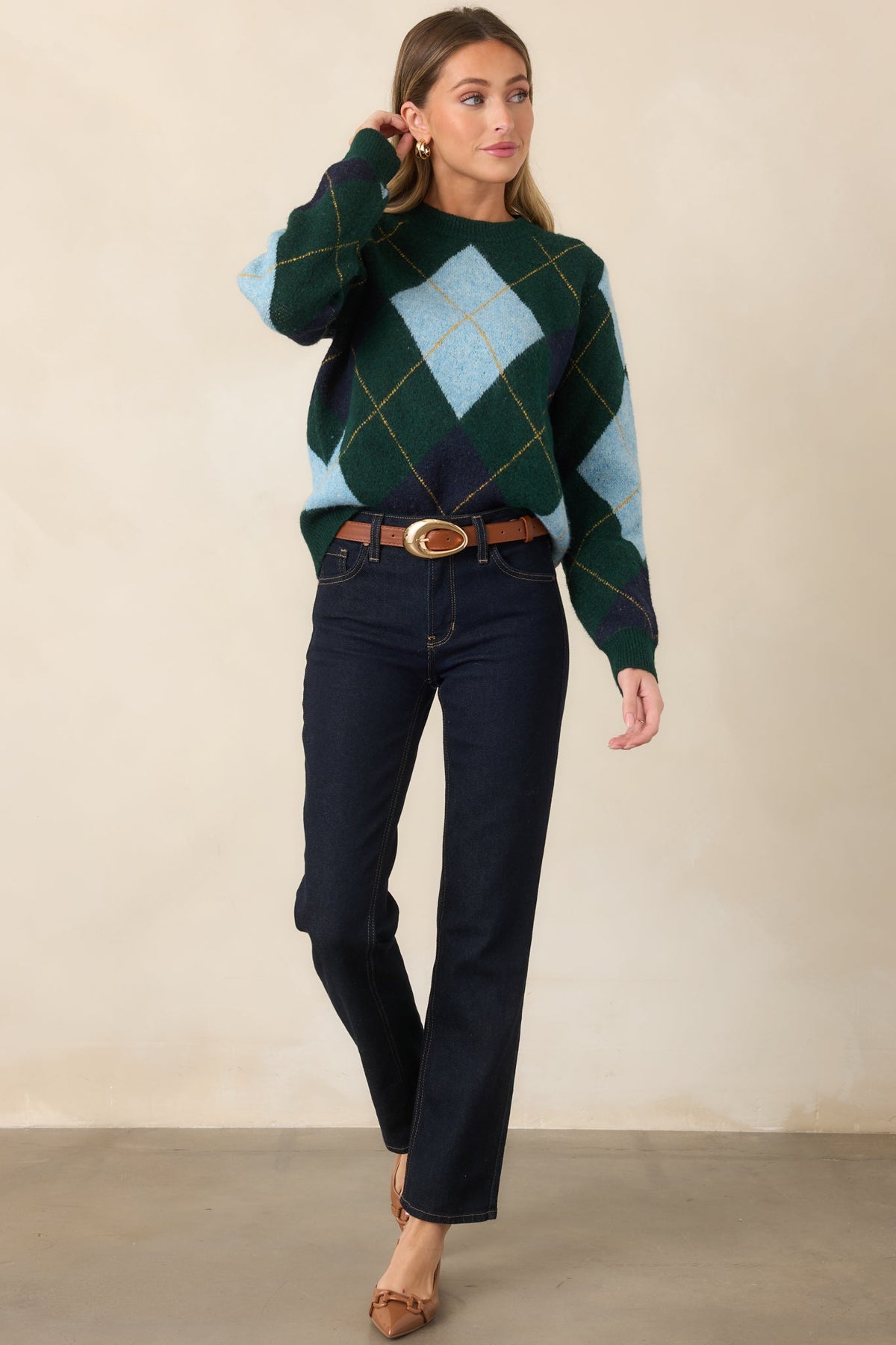 It All Checks Out Hunter Green Multi Argyle Crewneck Sweater