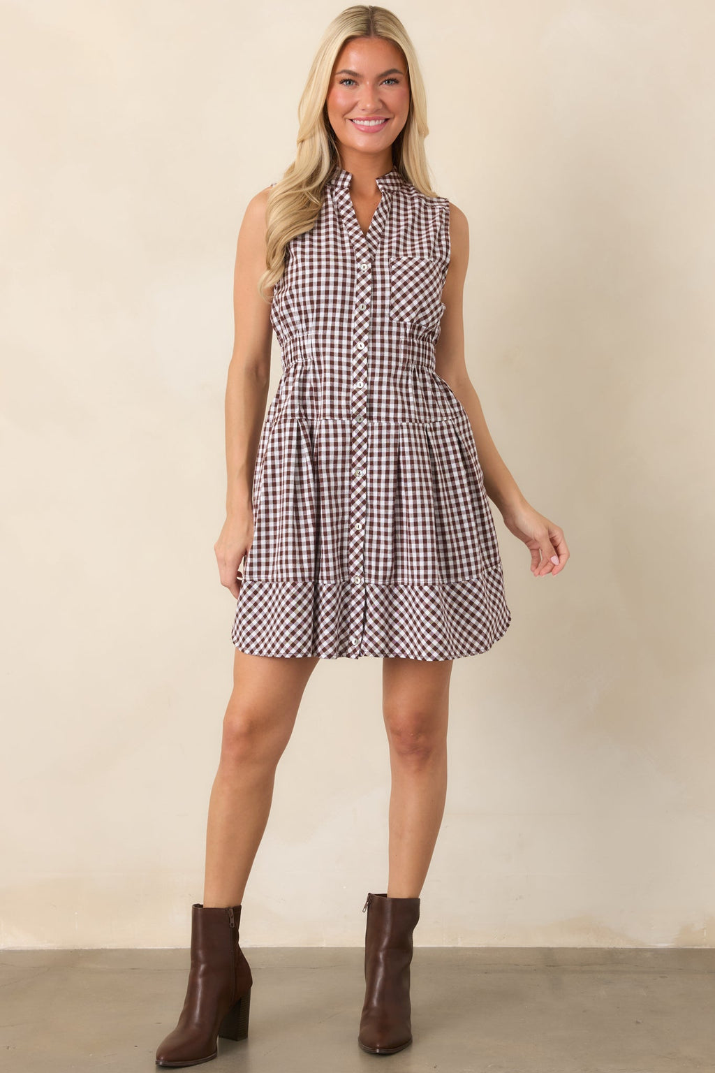 Made for Wandering Chocolate Brown Gingham Sleeveless Mini Dress
