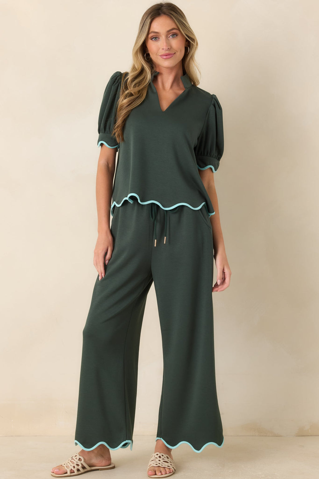 On My Time Hunter Green Scalloped Trim Wide Leg Pants