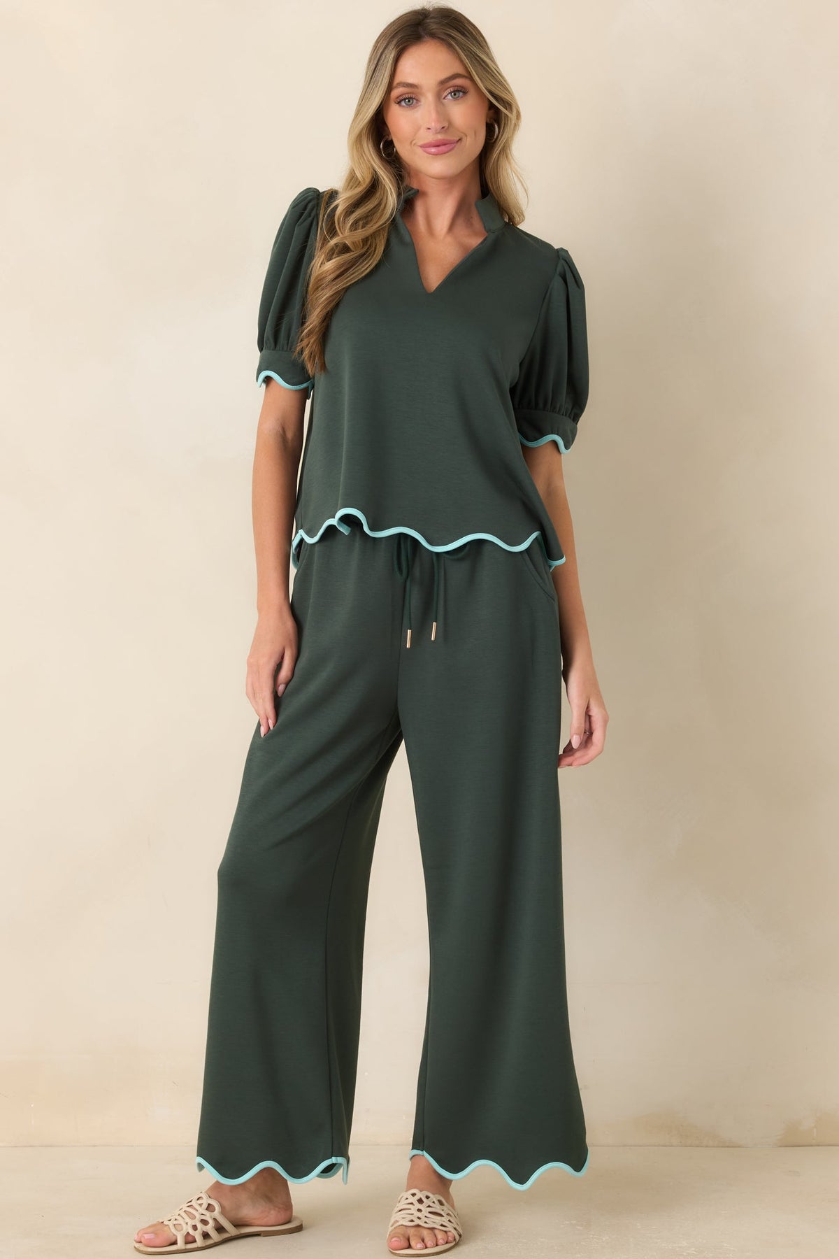 On My Time Hunter Green Scalloped Trim Wide Leg Pants