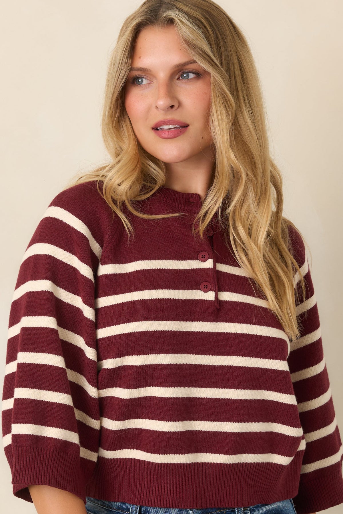 Right in Line Burgundy & Ivory Striped Henley Knit Sweater