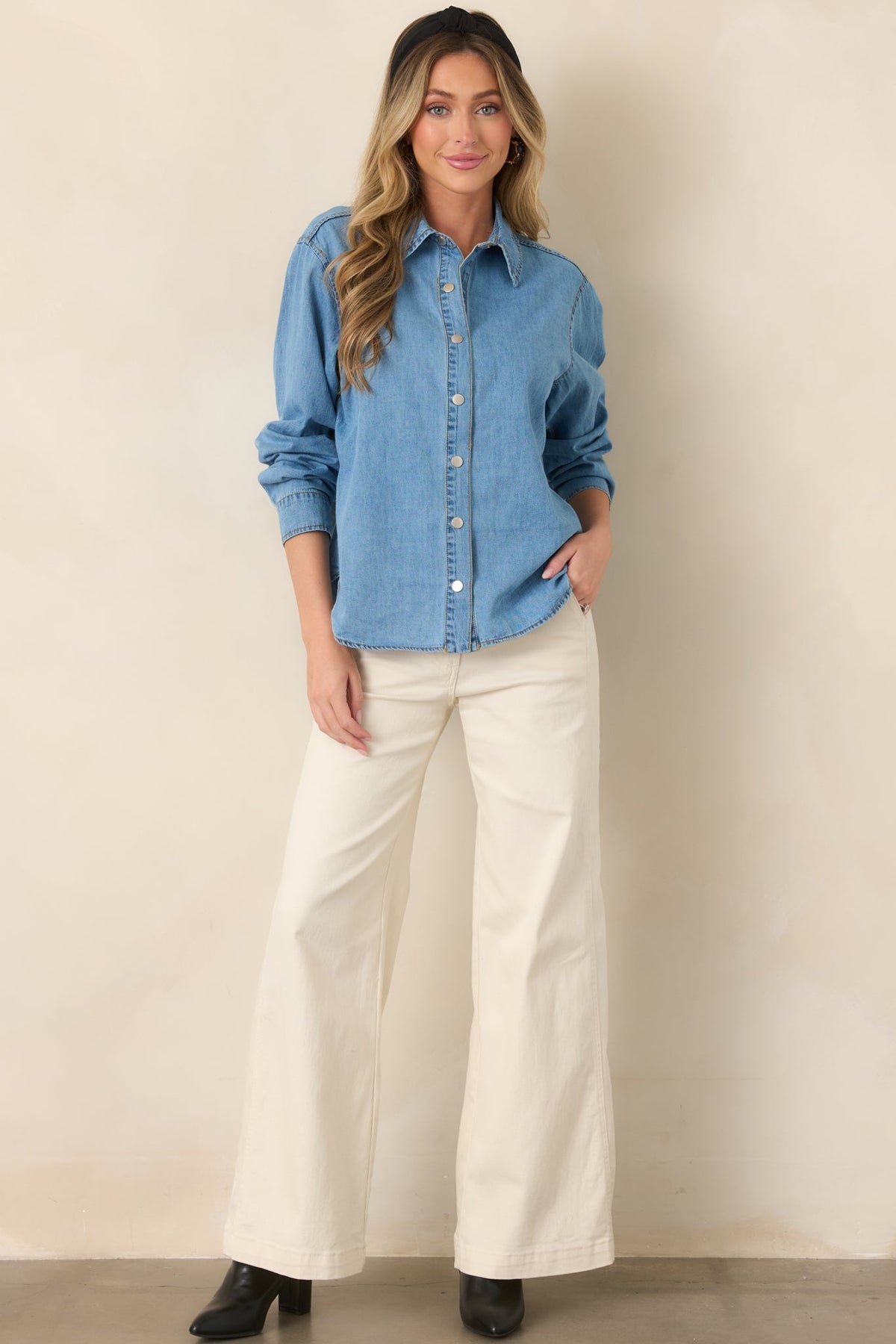 Just So Happens Light Wash Chambray Button Up Shirt