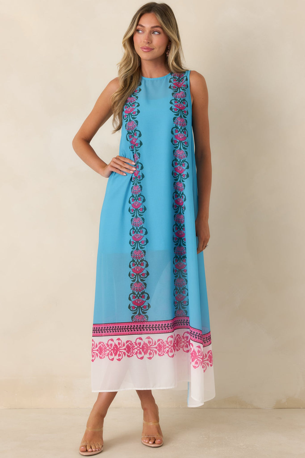 Cocktail Conversation Blue Floral Border Print Maxi Dress