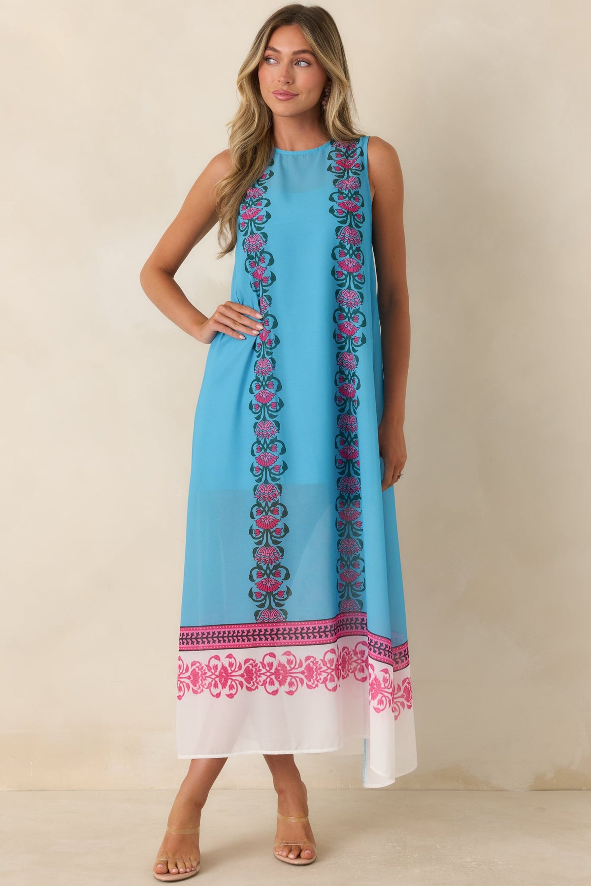 Cocktail Conversation Blue Floral Border Print Maxi Dress