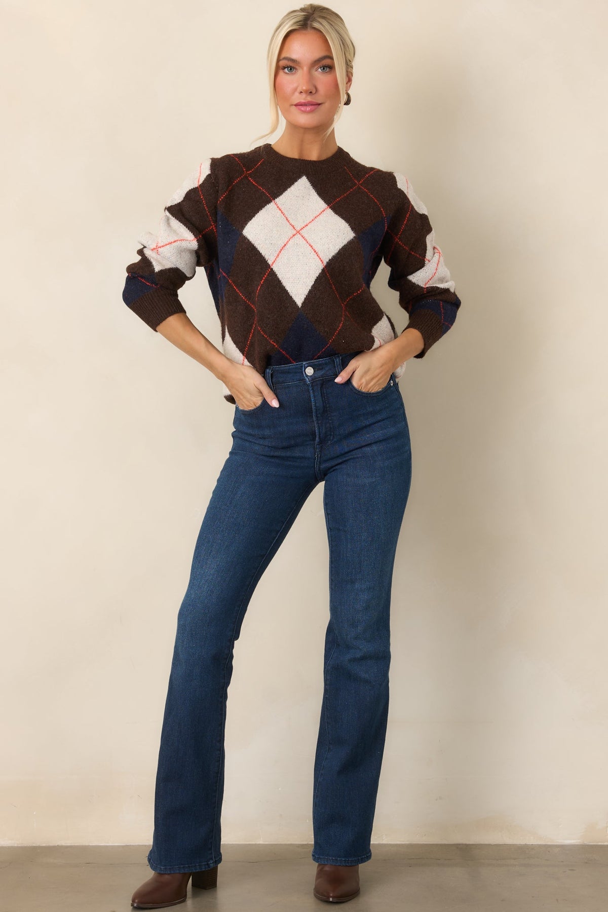 It All Checks Out Brown Multi Argyle Crewneck Sweater
