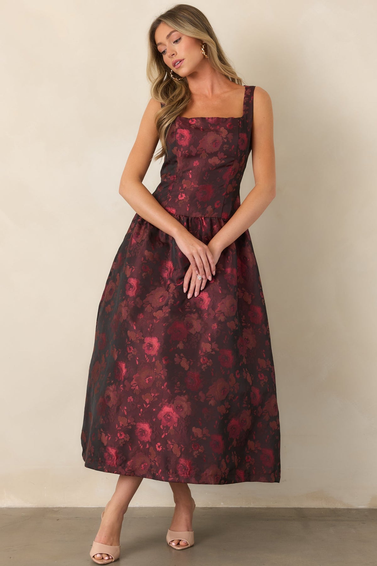A Beautiful Thing Burgundy Floral Jacquard Midi Dress